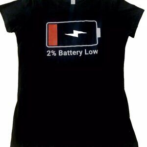 LAT Women's Black 100% cotton short cap sleeve t shirt 2% Battery low Small